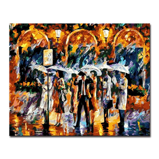 Bus Station Platform In The Rain Wall Art Prints - DIY Painting by Numbers Kit