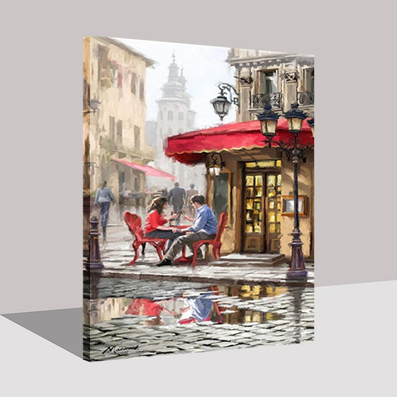 Couple Sit Chatting In Front Of Street Shops - DIY Painting by Numbers Kit
