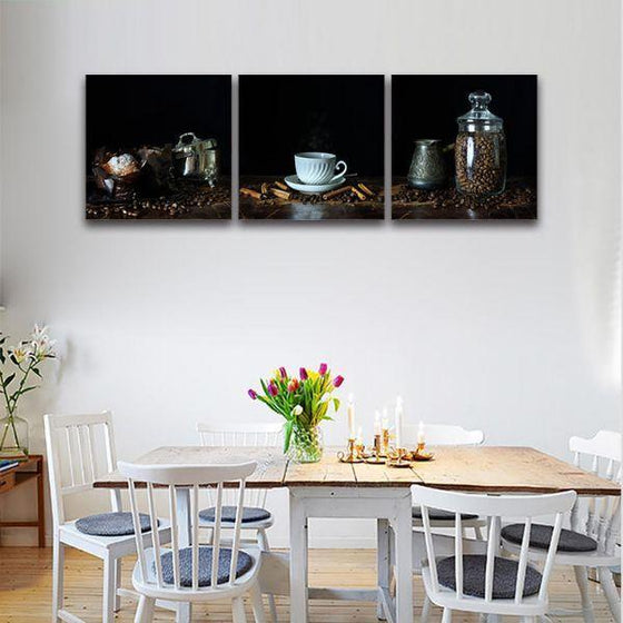 A Cup Of Hot Coffee 3 Panels Canvas Wall Art Dining Room