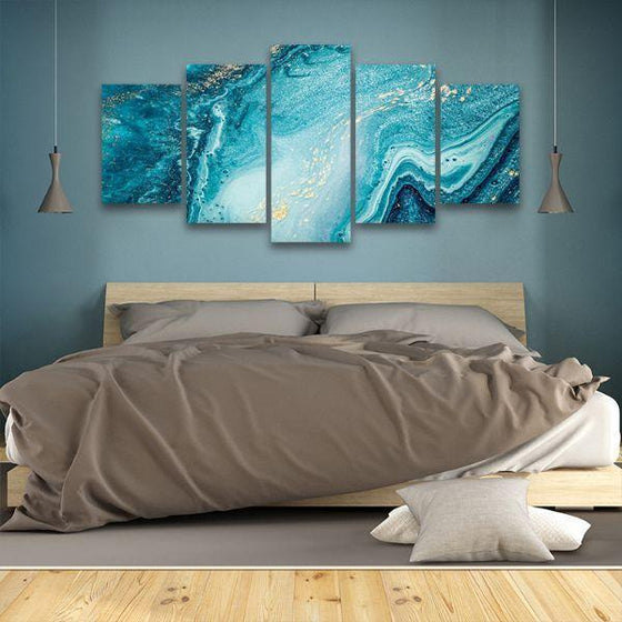 Aquatic Hues Abstract 5 Panel Canvas Wall Art Bed Room
