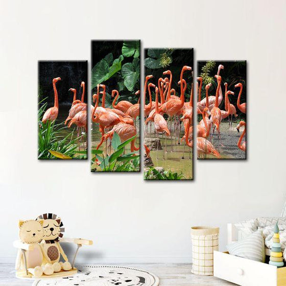Caribbean Pink Flamingos 4 Panels Canvas Wall Art Set