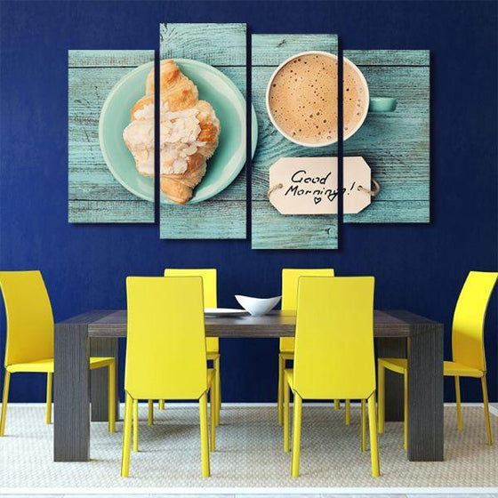 Coffee Cup & Croissant 4 Panels Canvas Wall Art Dining Room