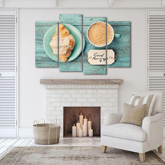 Coffee Cup & Croissant 4 Panels Canvas Wall Art Print