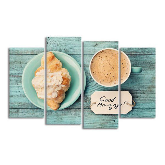 Coffee Cup & Croissant 4 Panels Canvas Wall Art