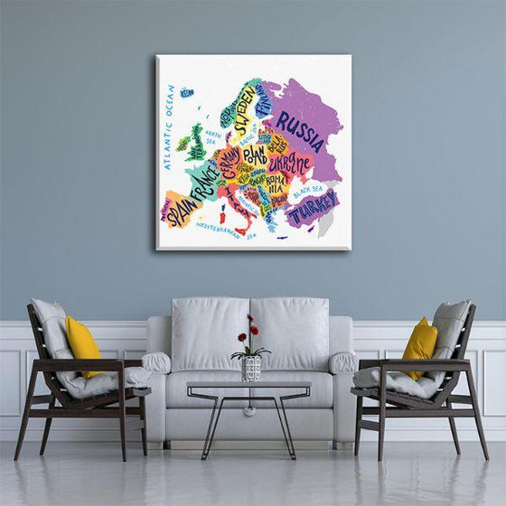 Colorful European Map Canvas Wall Art Decor