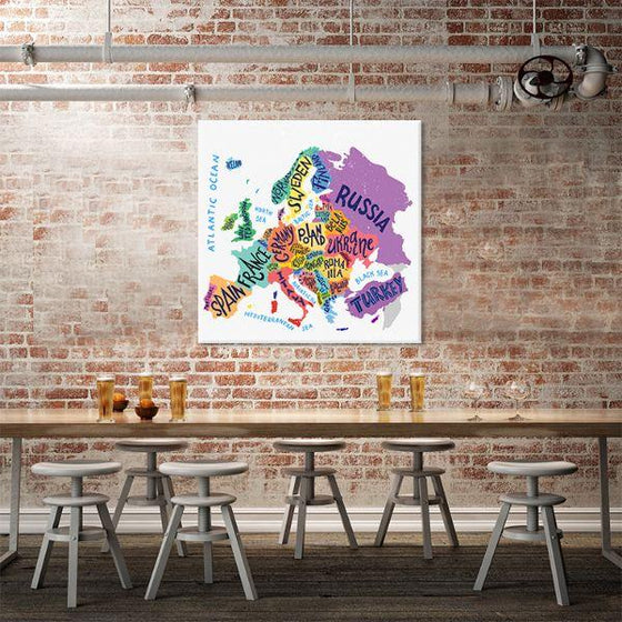 Colorful European Map Canvas Wall Art Dining Room