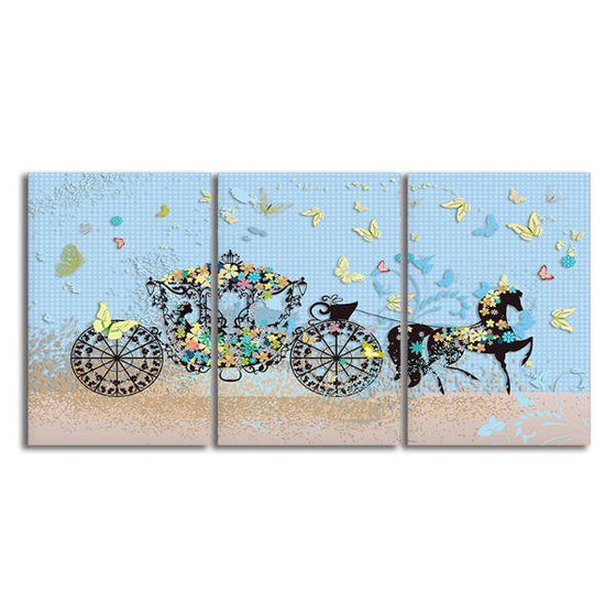 Colorful Floral Carriage 3 Panels Canvas Wall Art
