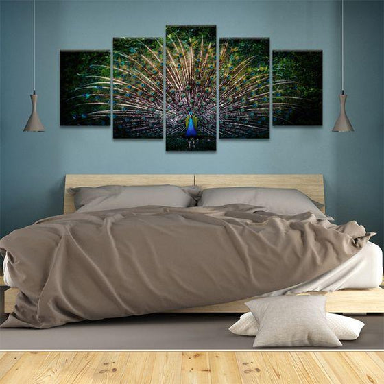 Colorful Peacock Tail 5 Panels Canvas Wall Art Bedroom