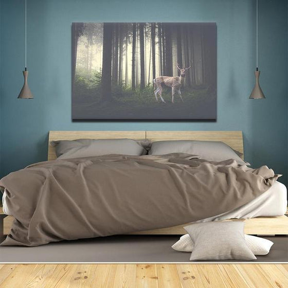 Foggy Forest With A Wild Deer Canvas Wall Art Bedroom
