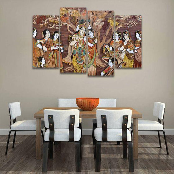 Hindu Gods Krishna & Radha 4 Panels Canvas Wall Art Dining Room