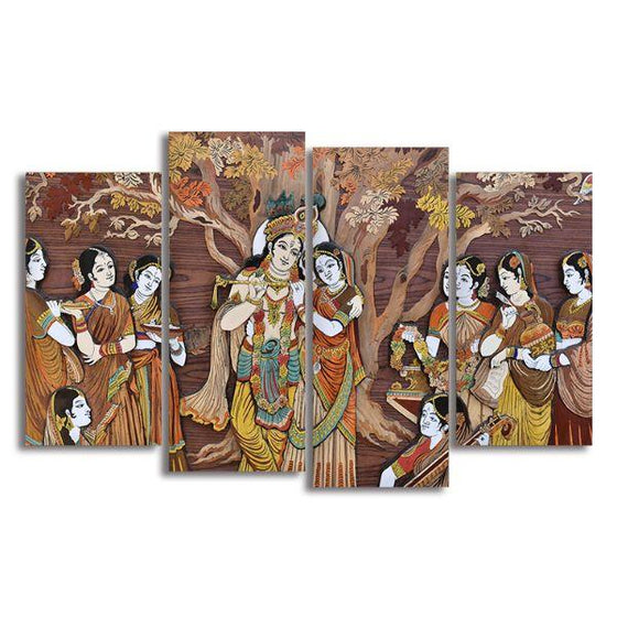 Hindu Gods Krishna & Radha 4 Panels Canvas Wall Art
