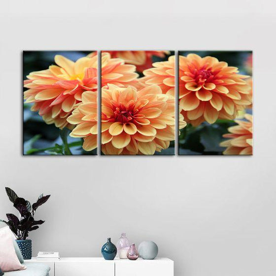 Orange Dahlia Flowers 3 Panels Canvas Wall Art Set