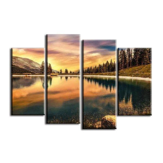 Pine Trees And Lake Sunset Canvas Wall Art Prints