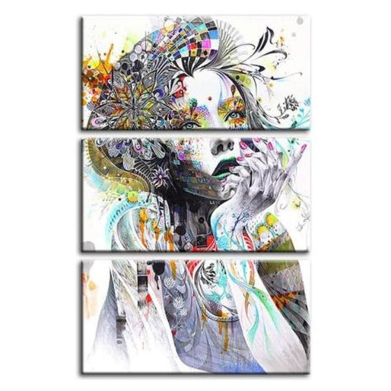 Psychedelic Girl With Flower 3 Panels Canvas Wall Art