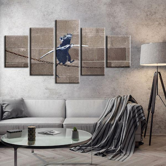 Rat On Tightrope By Banksy 5 Panels Canvas Wall Art Living Room