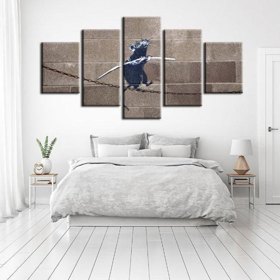 Rat On Tightrope By Banksy 5 Panels Canvas Wall Art Set