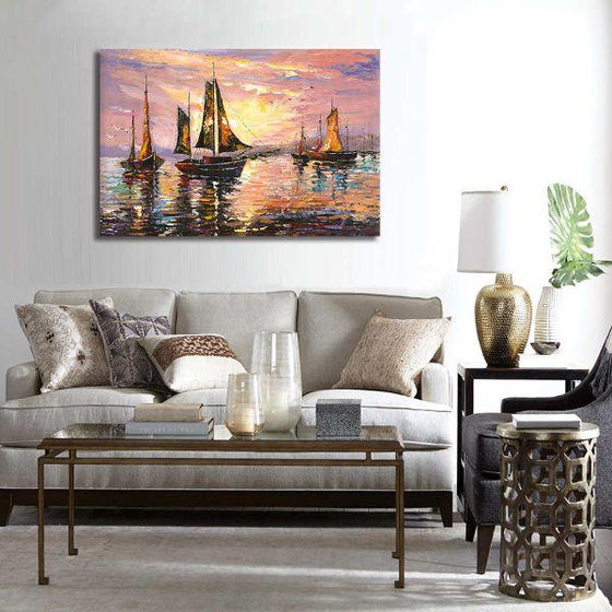 Sailboats At Sunset Canvas Wall Art Living Room