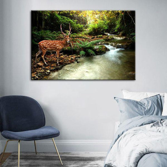 Sika Deer & Tropical Stream Canvas Wall Art Bedroom