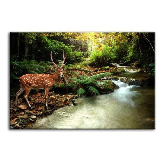 Sika Deer & Tropical Stream Canvas Wall Art