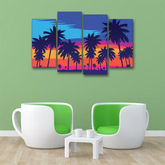 Palm Trees Silhouette 4 Panels Canvas Wall Art Office