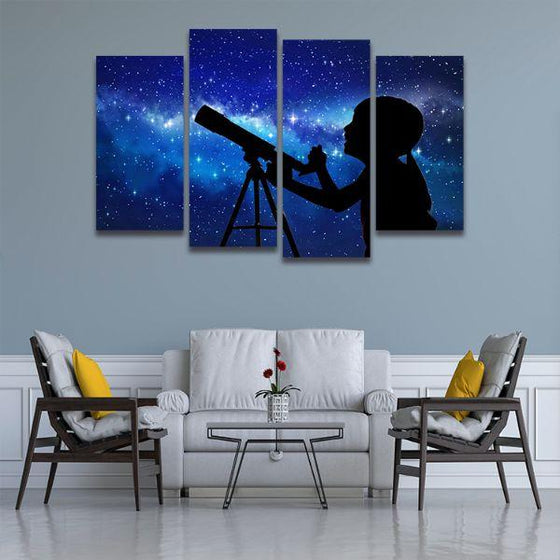 Stargazing Kid Galaxy 4 Panels Canvas Wall Art Office