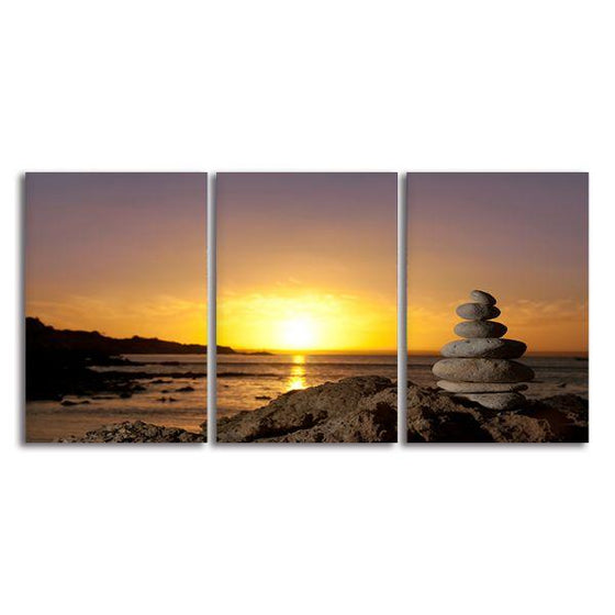 Stones Balanced At Sunset 3 Panels Canvas Wall Art