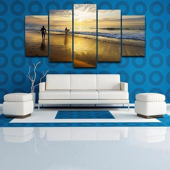 Beach Surfing & Sunset Canvas Wall Art Living Room