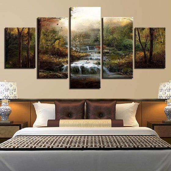 Foggy Forest Waterfall Canvas Wall Art Bedroom