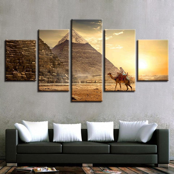 Pyramid Sunset And Camel Canvas Wall Art