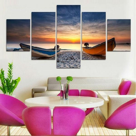Boats At The Beach Sunset Canvas Wall Art Living Room