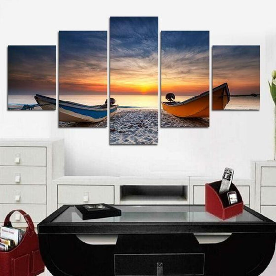 Boats At The Beach Sunset Canvas Wall Art Office