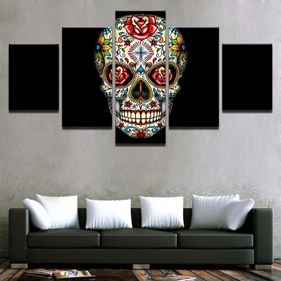 Psychedelic Roses & Flowers Skull Canvas Wall Art