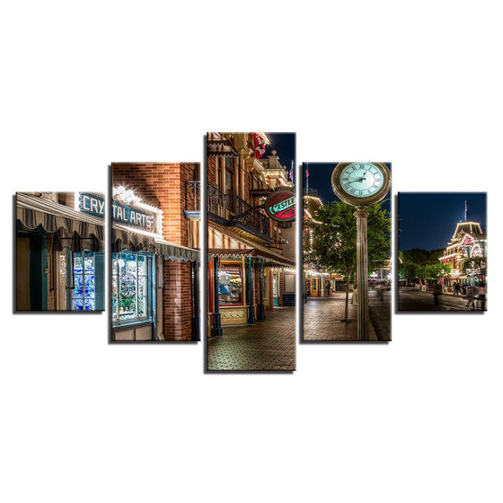 Small Town Stores At Night Canvas Wall Art