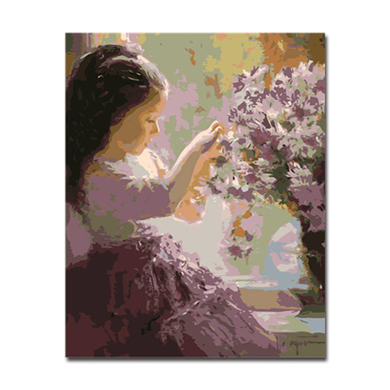 Little Girl And Purple Flowers - DIY Painting by Numbers Kit