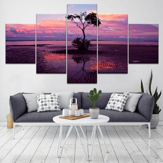 Tree Sunset Landscape Purple Surroundings Canvas Wall Art