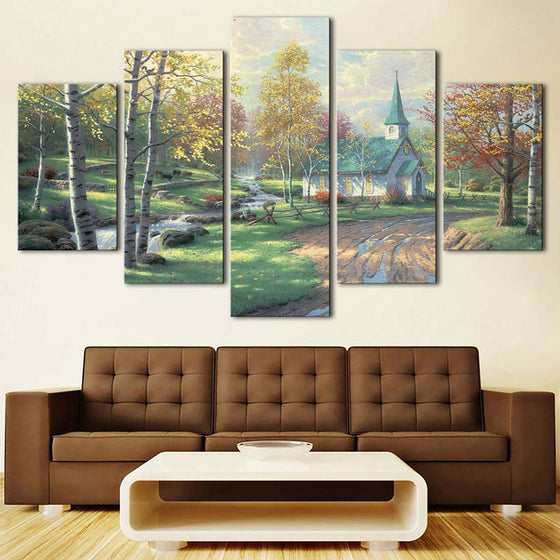 Old House Trees And Mini River Canvas Wall Art