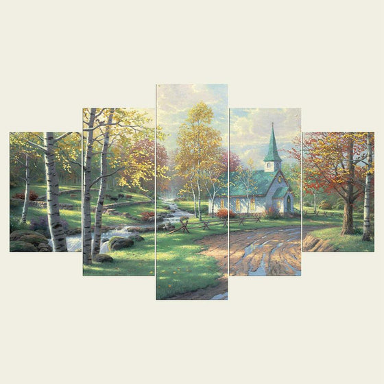 Old House Trees And Mini River Canvas Wall Art