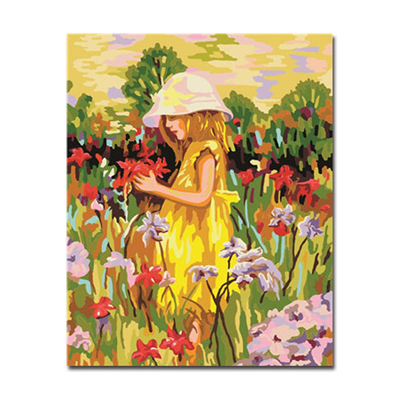 Flower And Little Girl Flower Garden - DIY Painting by Numbers Kit