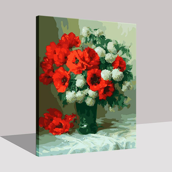 Red And White Flowers in a Vase - DIY Painting by Numbers Kit