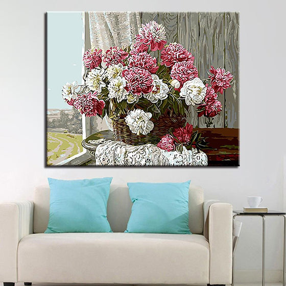Basket of Pink And White Flowers - DIY Painting by Numbers Kit