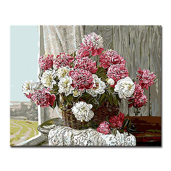 Basket of Pink And White Flowers - DIY Painting by Numbers Kit