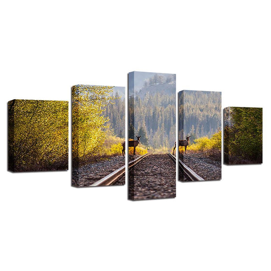 Train Tracks In The Middle Of The Woods And Two Deer Canvas Wall Art