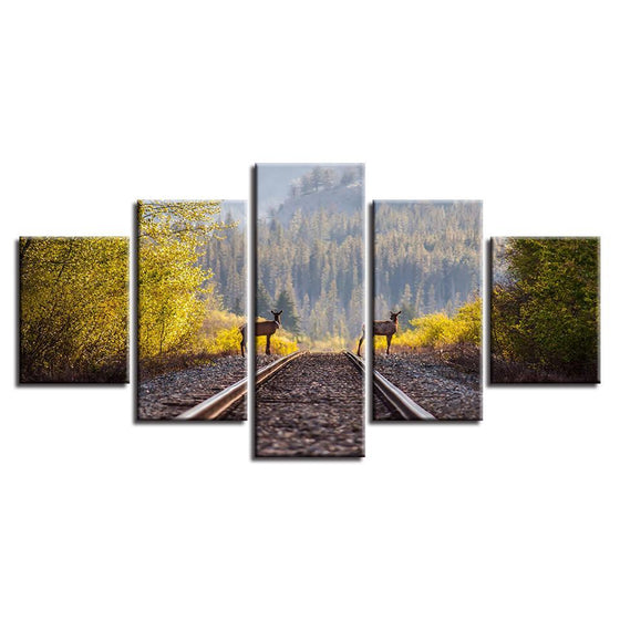 Train Tracks In The Middle Of The Woods And Two Deer Canvas Wall Art