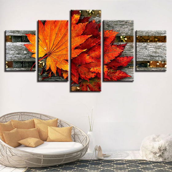 Maple Leaf In The Wooden Chair Canvas Wall Art