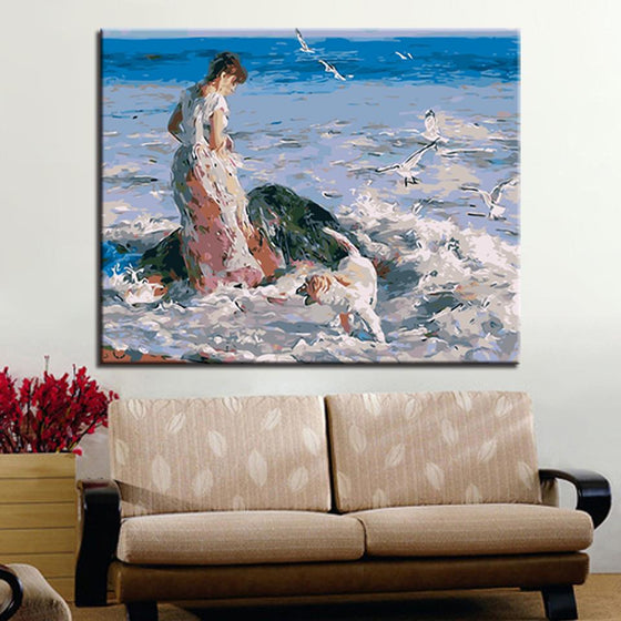 Girl And Dog Seaside Waverider - DIY Painting by Numbers Kit