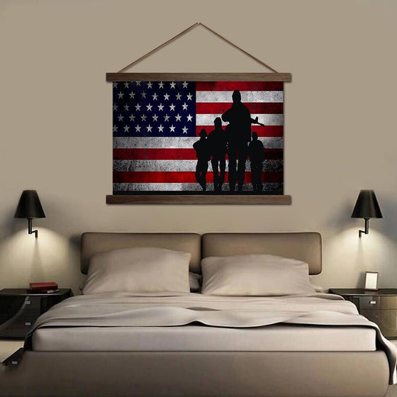 American Flag and Soldiers - Canvas Scroll Wall Art Bedroom