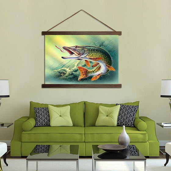 Fish Hooked Pike - Canvas Scroll Wall Art Home Decor
