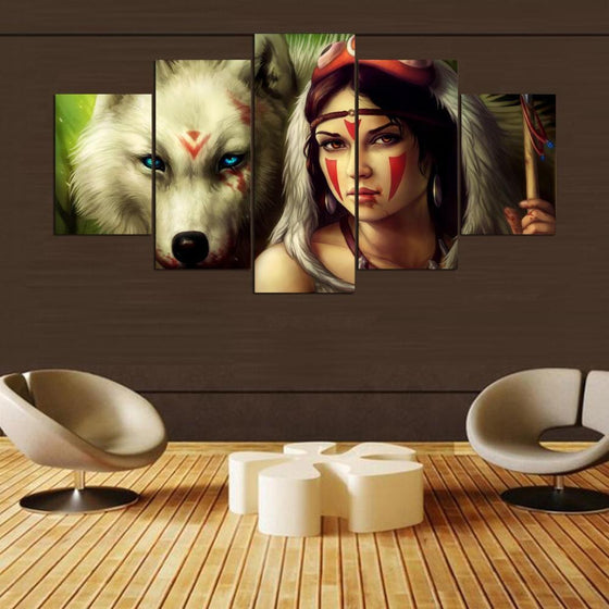 Indian Girl And Wolf Canvas Wall Art
