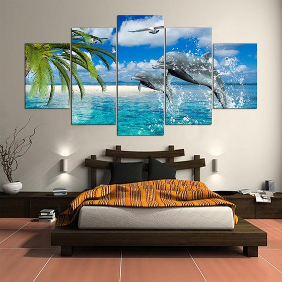 Dolphins and White Sand Beach Canvas Wall Art