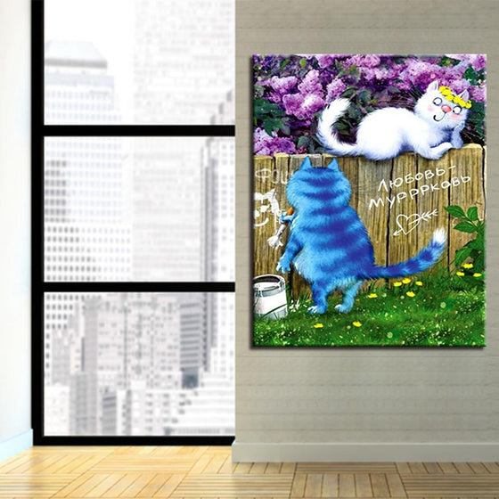 Blue And White Cat With Purple Flowers Background - DIY Painting by Numbers Kit